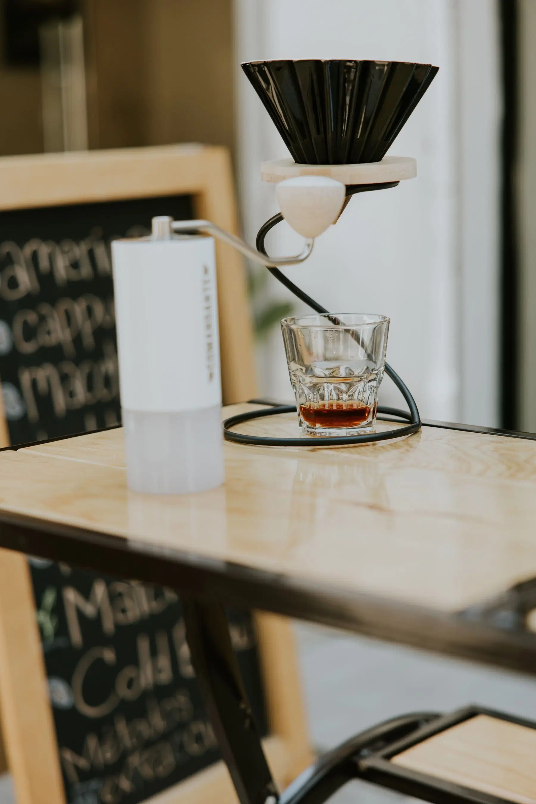 Hand grinder and dripper on our tasting bar